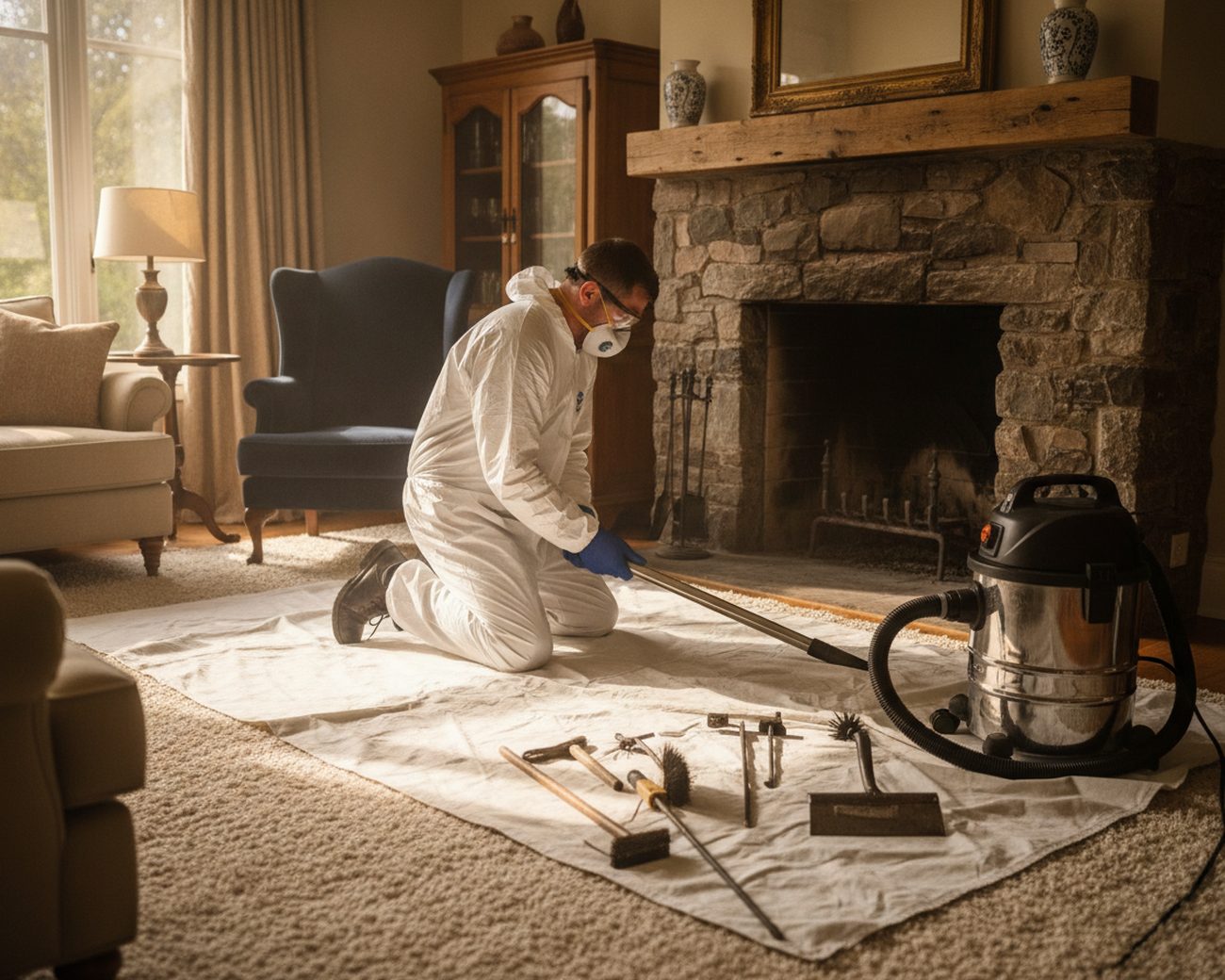Technician preparing a living-room fireplace with white drop cloths and a HEPA vacuum