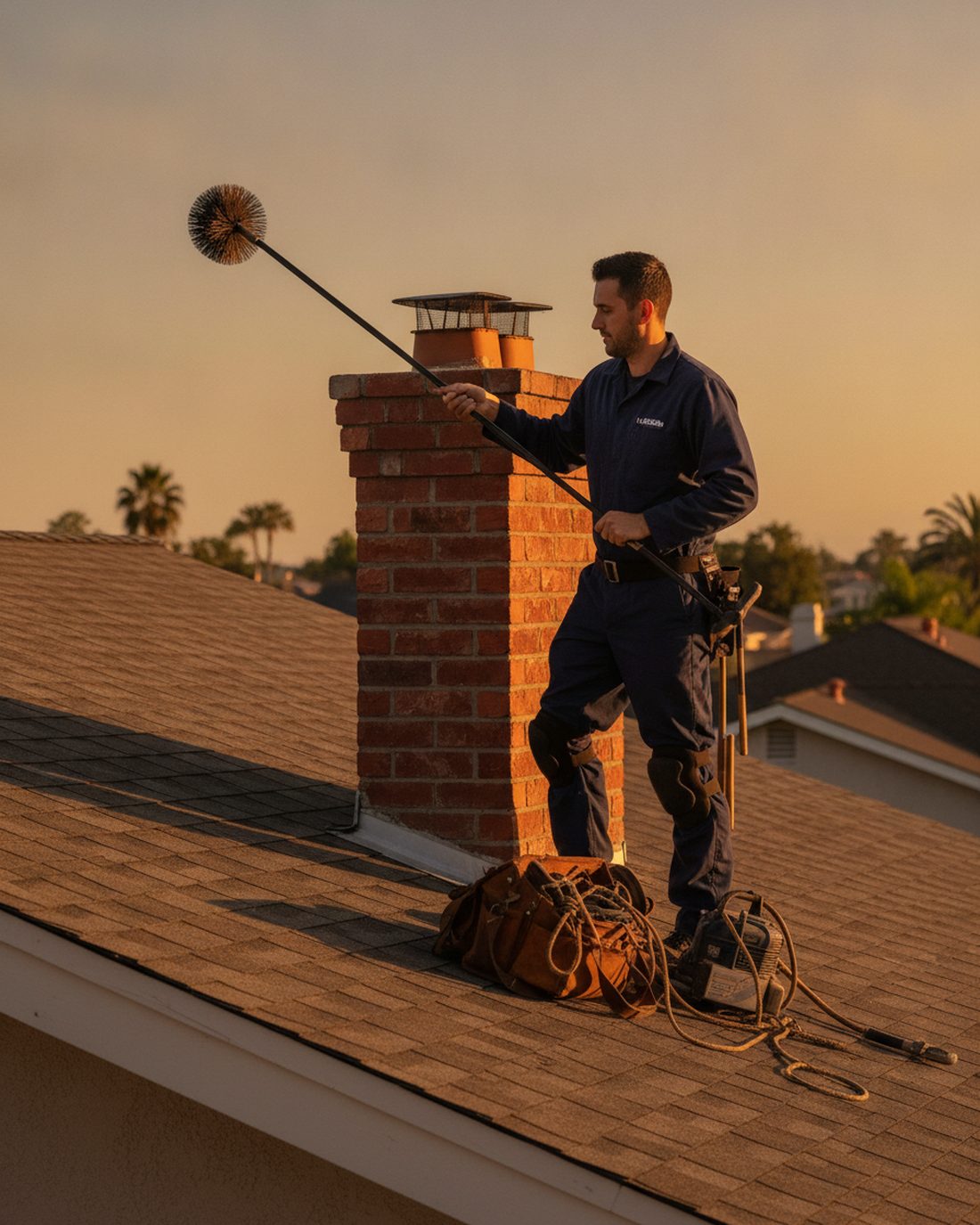 Chimney sweep technician brushing a brick chimney on a Sacramento rooftop at sunset