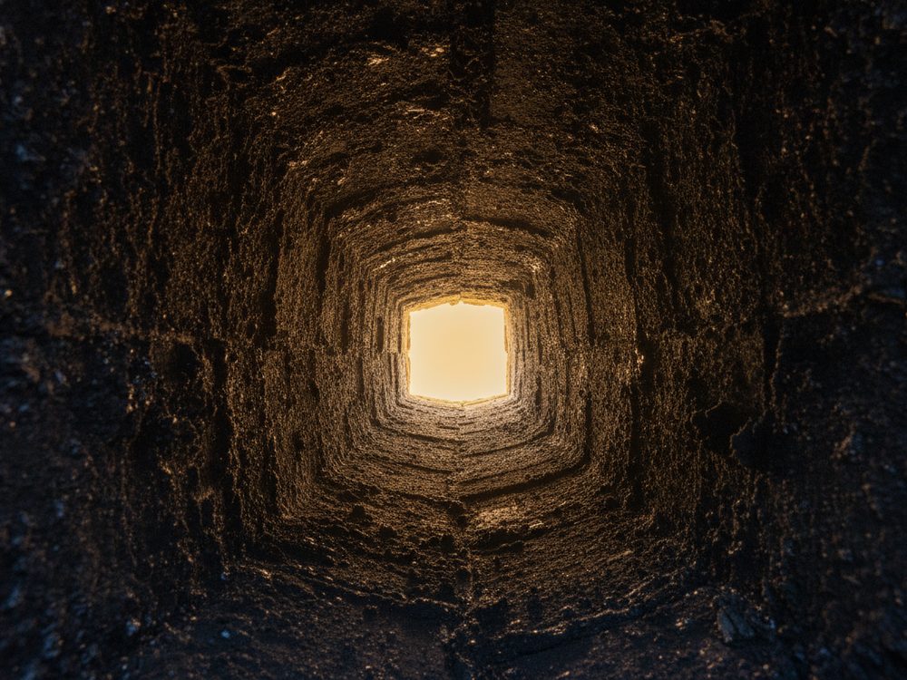 Inside a chimney flue coated with creosote before sweeping