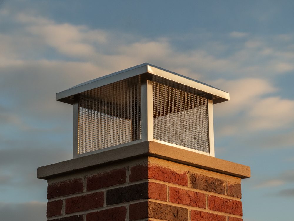 New stainless steel chimney cap installed on a brick chimney
