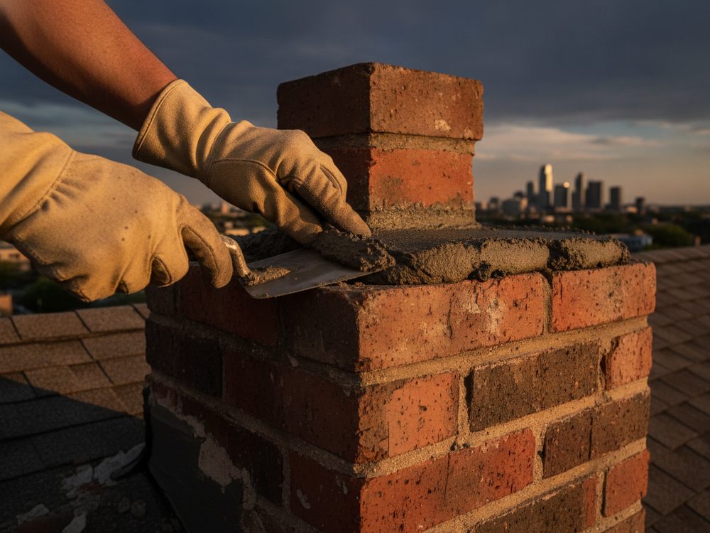 Repairing the mortar crown of a brick chimney with a trowel