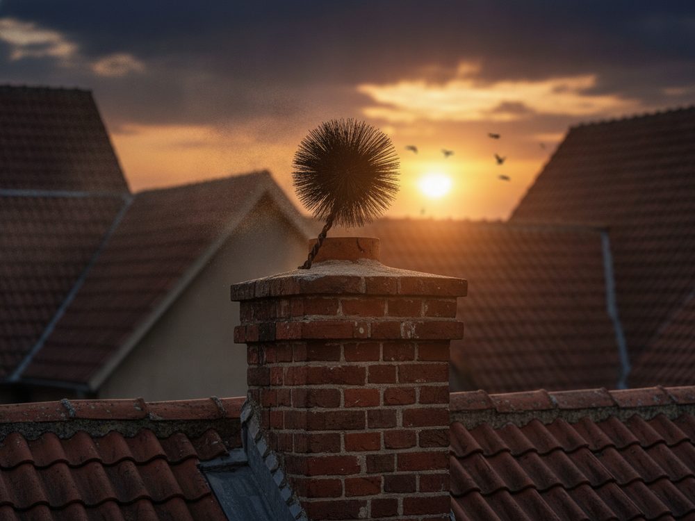Chimney brush emerging from a chimney top during sweeping